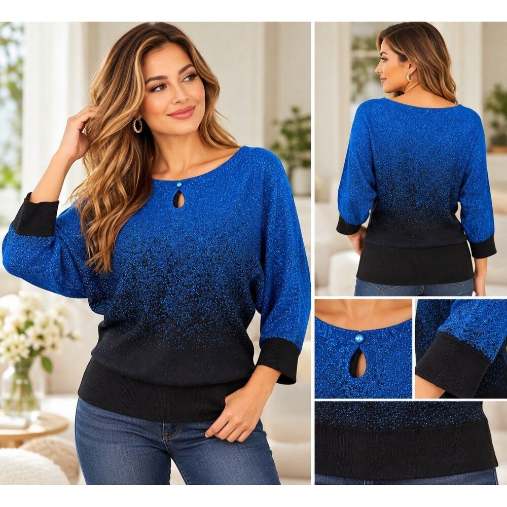 NY Collection Royal Blue And Black Ombre Glitter Knit Women’s Sweater Size L